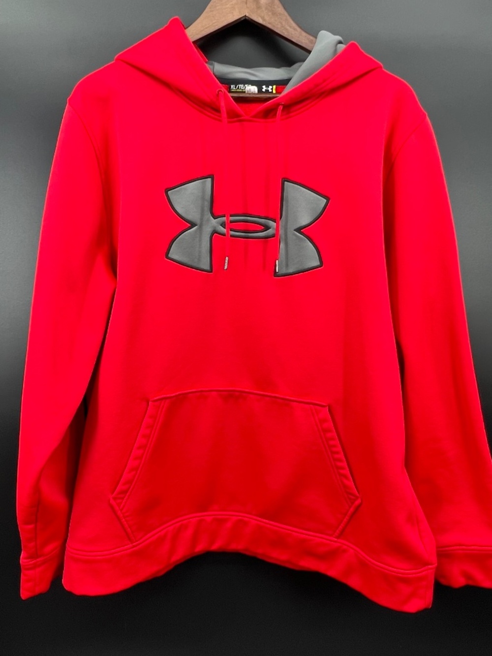 Under Armour Men's Sz XL Loose Armour Fleece Storm Big Logo Hoodie Red Gray Logo